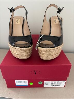 Valentino Black Patent Leather Espadrille Wedge Sandals